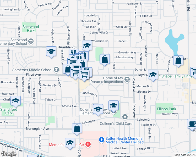 map of restaurants, bars, coffee shops, grocery stores, and more near 1420 Chapala Way in Modesto