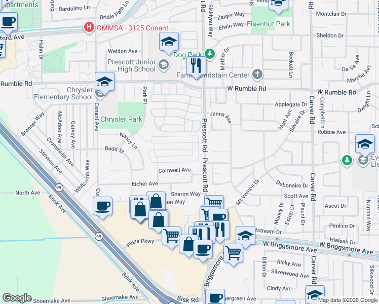 map of restaurants, bars, coffee shops, grocery stores, and more near 2308 Yorkton Avenue in Modesto