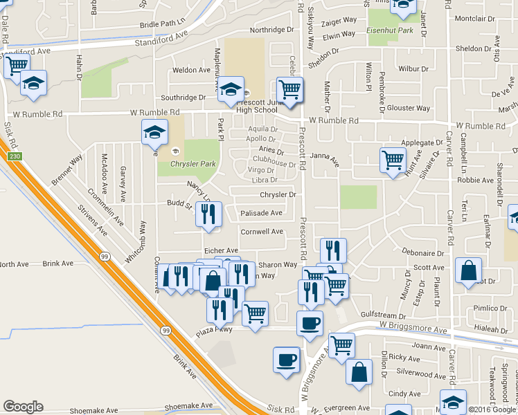 map of restaurants, bars, coffee shops, grocery stores, and more near 2128 Palisade Avenue in Modesto