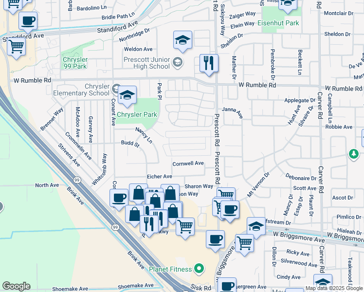 map of restaurants, bars, coffee shops, grocery stores, and more near 2212 Palisade Avenue in Modesto