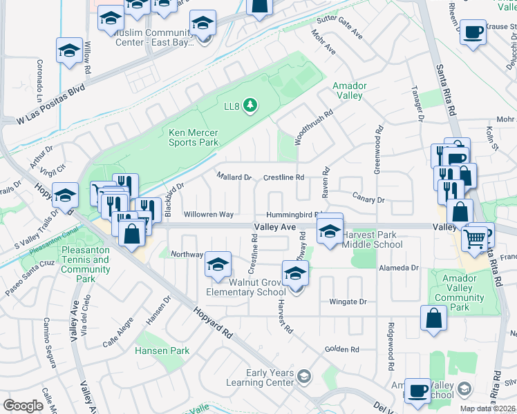 map of restaurants, bars, coffee shops, grocery stores, and more near 2402 Crestline Road in Pleasanton