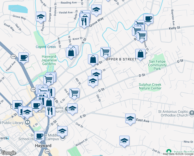 map of restaurants, bars, coffee shops, grocery stores, and more near 1591 Ward Street in Hayward