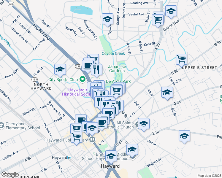 map of restaurants, bars, coffee shops, grocery stores, and more near 1201 A Street in Hayward
