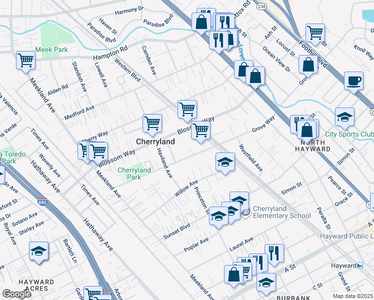 map of restaurants, bars, coffee shops, grocery stores, and more near 401 Grove Way in Hayward