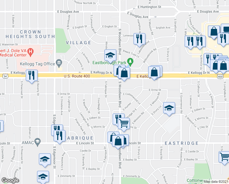 map of restaurants, bars, coffee shops, grocery stores, and more near 6325 East Orme Street in Wichita