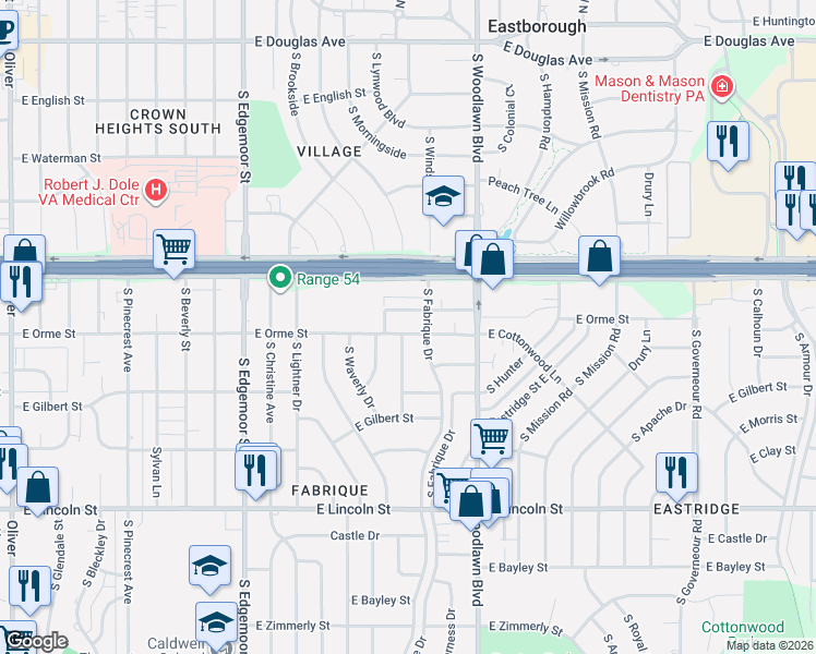 map of restaurants, bars, coffee shops, grocery stores, and more near 607 Fabrique Street in Wichita