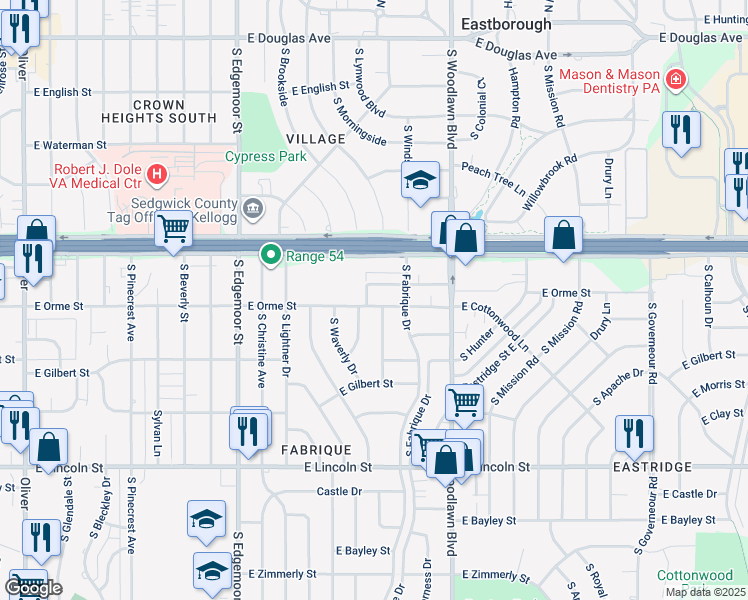map of restaurants, bars, coffee shops, grocery stores, and more near 608 South Brookside in Wichita