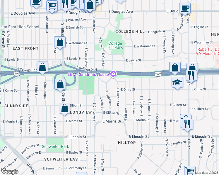 map of restaurants, bars, coffee shops, grocery stores, and more near 575 South Quentin Street in Wichita
