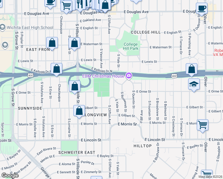 map of restaurants, bars, coffee shops, grocery stores, and more near 579 South Clifton Avenue in Wichita