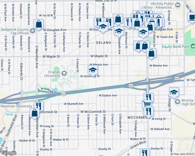 map of restaurants, bars, coffee shops, grocery stores, and more near 627 South Millwood Avenue in Wichita