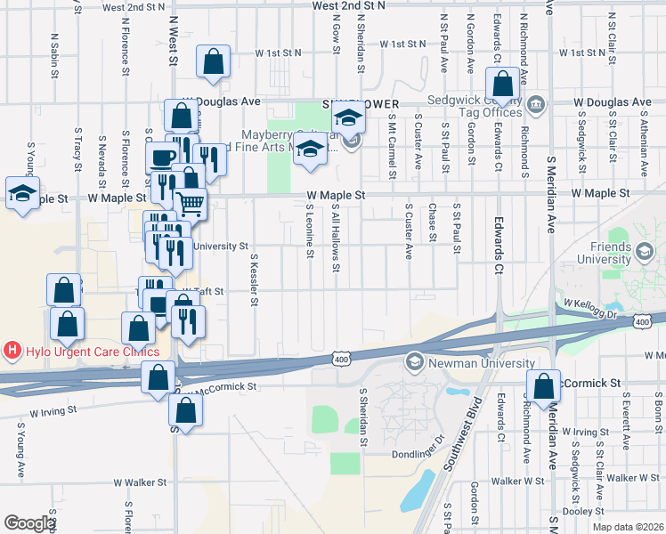 map of restaurants, bars, coffee shops, grocery stores, and more near 459 South All Hallows Street in Wichita