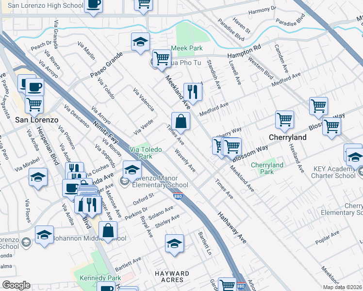 map of restaurants, bars, coffee shops, grocery stores, and more near 19366 Waverly Avenue in Hayward
