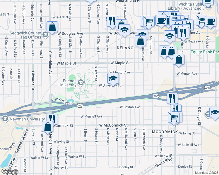 map of restaurants, bars, coffee shops, grocery stores, and more near 1829 West University Street in Wichita