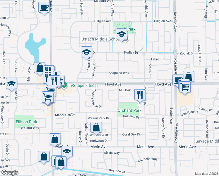 map of restaurants, bars, coffee shops, grocery stores, and more near 2521 Mill Oak Drive in Modesto
