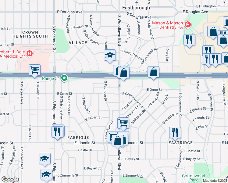 map of restaurants, bars, coffee shops, grocery stores, and more near 6325 East Orme Street in Wichita