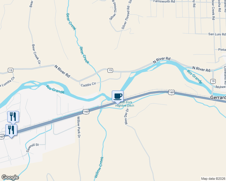 map of restaurants, bars, coffee shops, grocery stores, and more near 334 Caddis Circle in South Fork