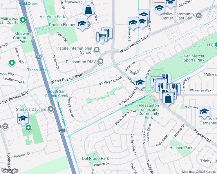 map of restaurants, bars, coffee shops, grocery stores, and more near 3520 Glacier Court South in Pleasanton