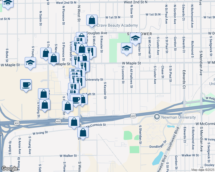map of restaurants, bars, coffee shops, grocery stores, and more near 451 South Knight Street in Wichita