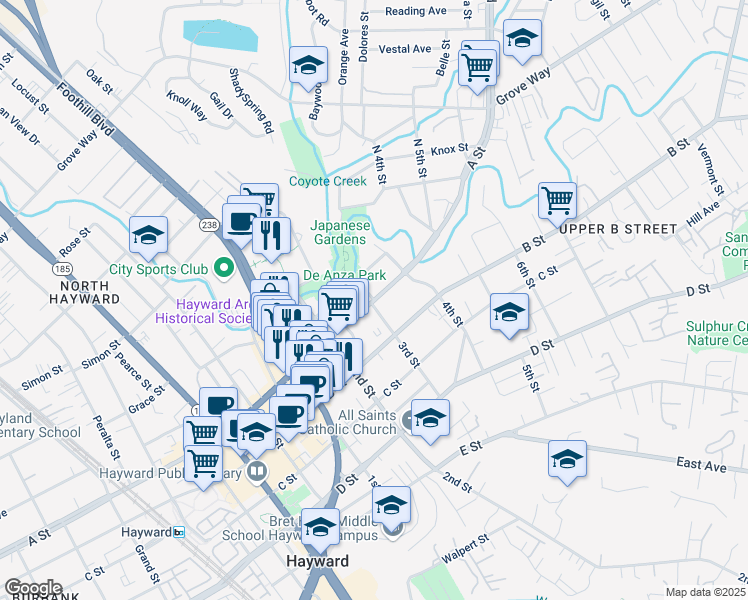 map of restaurants, bars, coffee shops, grocery stores, and more near 1372 A Street in Hayward