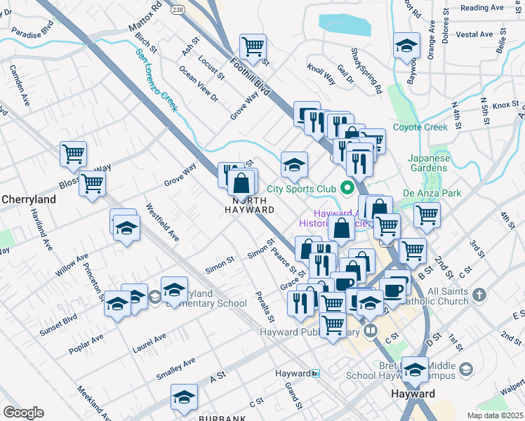 map of restaurants, bars, coffee shops, grocery stores, and more near 22182 Mission Boulevard in Hayward