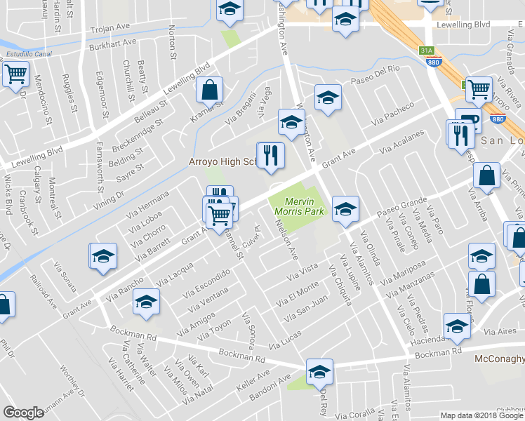 map of restaurants, bars, coffee shops, grocery stores, and more near 15822 Devonwood Way in San Lorenzo