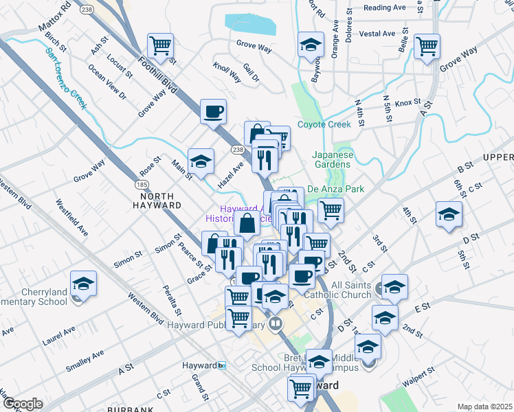 map of restaurants, bars, coffee shops, grocery stores, and more near 22248 Main Street in Hayward