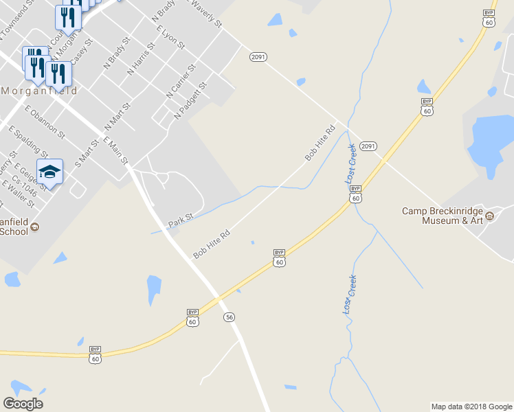 map of restaurants, bars, coffee shops, grocery stores, and more near 313 Bob Hite Road in Morganfield