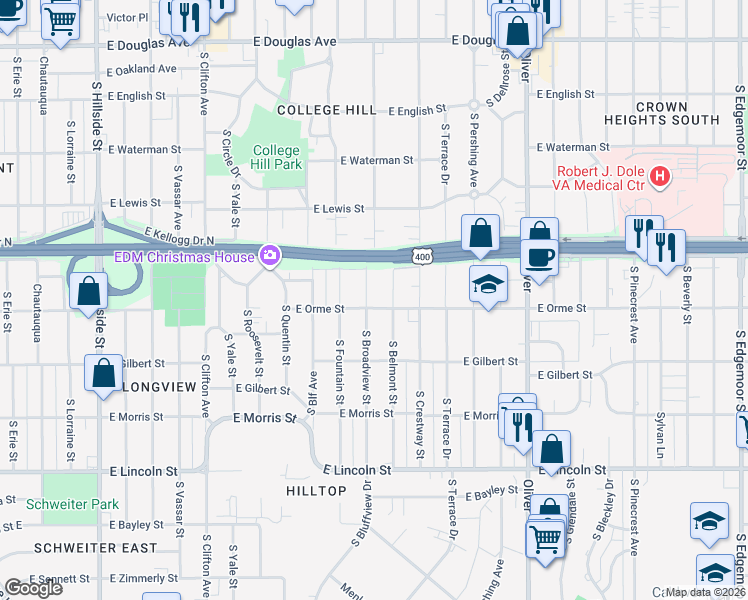 map of restaurants, bars, coffee shops, grocery stores, and more near 612 South Broadview Street in Wichita