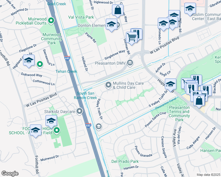 map of restaurants, bars, coffee shops, grocery stores, and more near 3702 Gettysburg Court North in Pleasanton