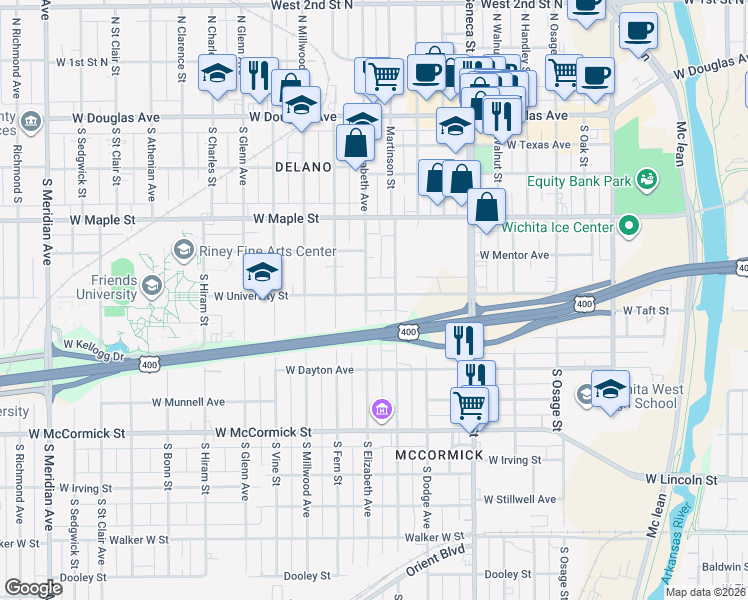 map of restaurants, bars, coffee shops, grocery stores, and more near 643-677 South Elizabeth Street in Wichita