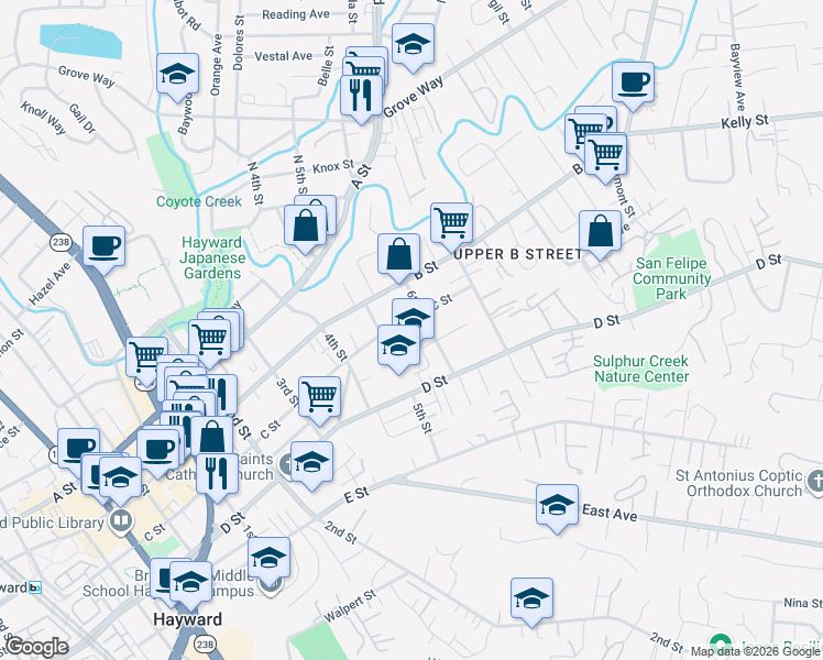 map of restaurants, bars, coffee shops, grocery stores, and more near 1587 C Street in Hayward