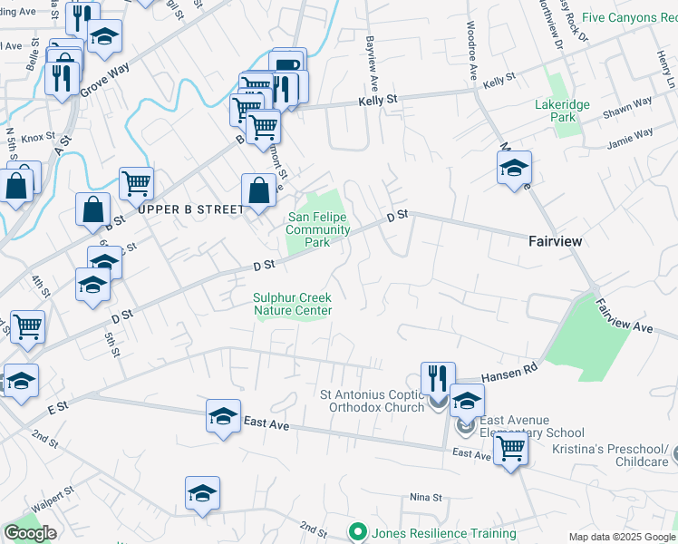 map of restaurants, bars, coffee shops, grocery stores, and more near 23774 Twin Creek Court in Hayward