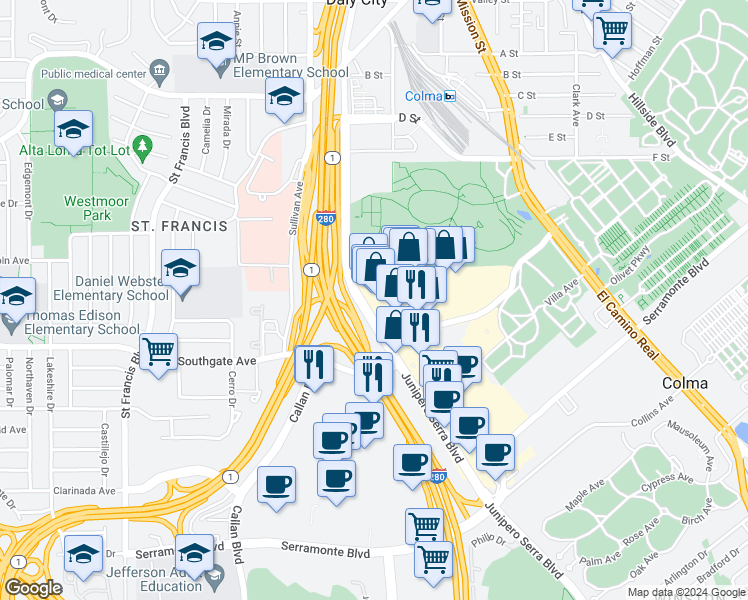 map of restaurants, bars, coffee shops, grocery stores, and more near 11 Colma Boulevard in Colma
