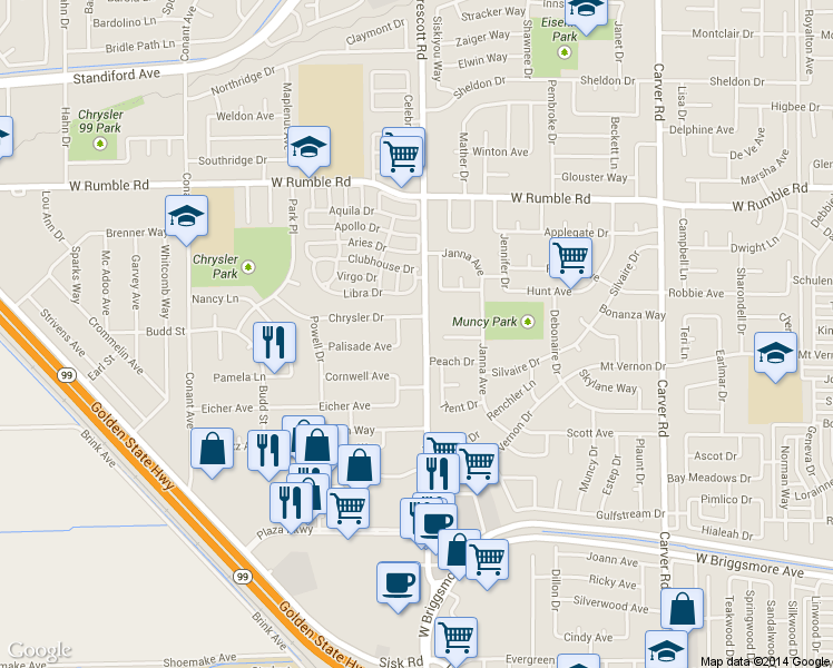 map of restaurants, bars, coffee shops, grocery stores, and more near 2308 Yorkton Avenue in Modesto