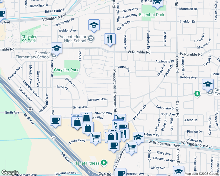 map of restaurants, bars, coffee shops, grocery stores, and more near 2308 Yorkton Avenue in Modesto