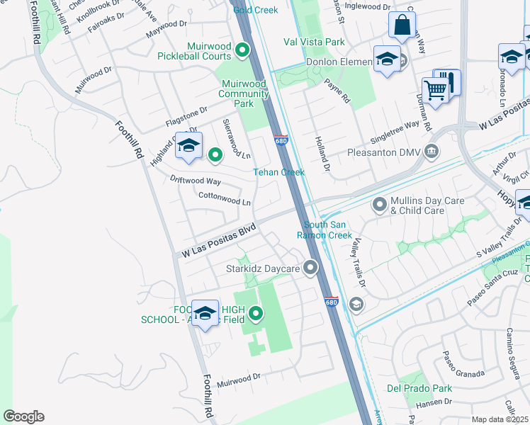 map of restaurants, bars, coffee shops, grocery stores, and more near 4247 Sheldon Circle in Pleasanton