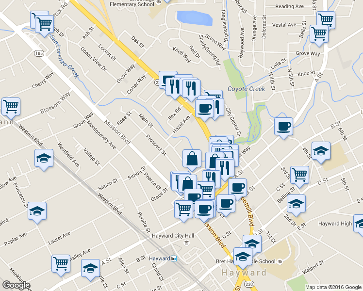 map of restaurants, bars, coffee shops, grocery stores, and more near 22237 Main Street in Hayward