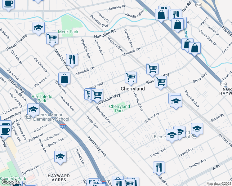 map of restaurants, bars, coffee shops, grocery stores, and more near 247 Blossom Way in Hayward