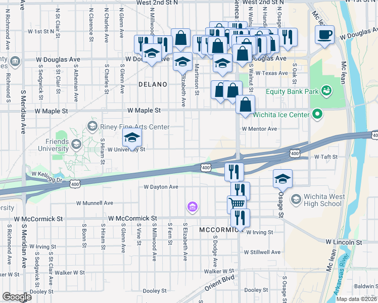 map of restaurants, bars, coffee shops, grocery stores, and more near 643-677 South Elizabeth Street in Wichita