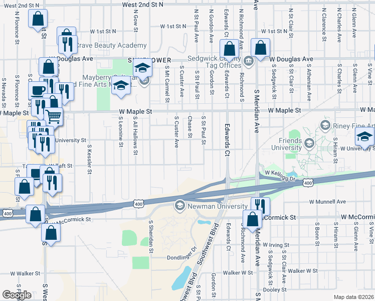 map of restaurants, bars, coffee shops, grocery stores, and more near 629 Chase Street in Wichita