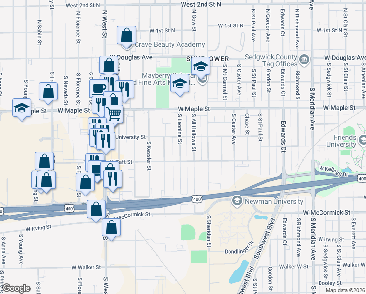 map of restaurants, bars, coffee shops, grocery stores, and more near 447 Leonine South Street in Wichita