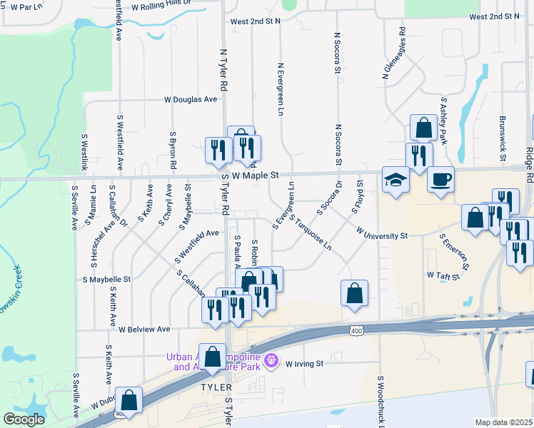 map of restaurants, bars, coffee shops, grocery stores, and more near 8609 West University Street in Wichita