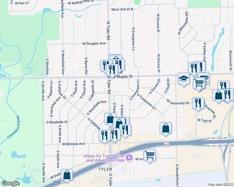 map of restaurants, bars, coffee shops, grocery stores, and more near 416 South Paula Avenue in Wichita