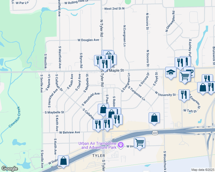 map of restaurants, bars, coffee shops, grocery stores, and more near 416 South Paula Avenue in Wichita