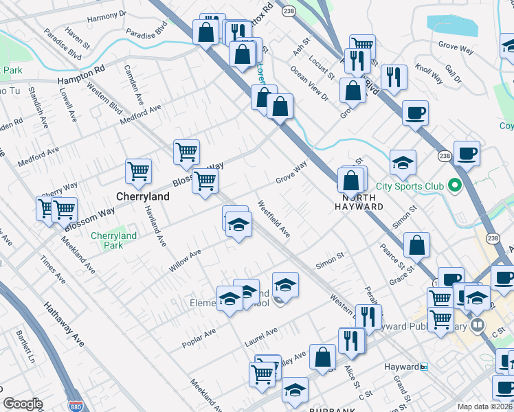 map of restaurants, bars, coffee shops, grocery stores, and more near 21617 Westfield Avenue in Hayward