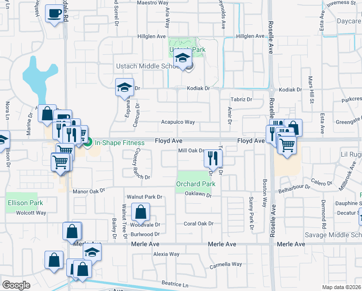 map of restaurants, bars, coffee shops, grocery stores, and more near 2405 Lincoln Oak Drive in Modesto