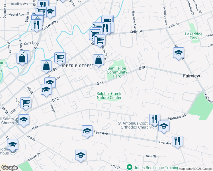 map of restaurants, bars, coffee shops, grocery stores, and more near 1801 D Street in Hayward