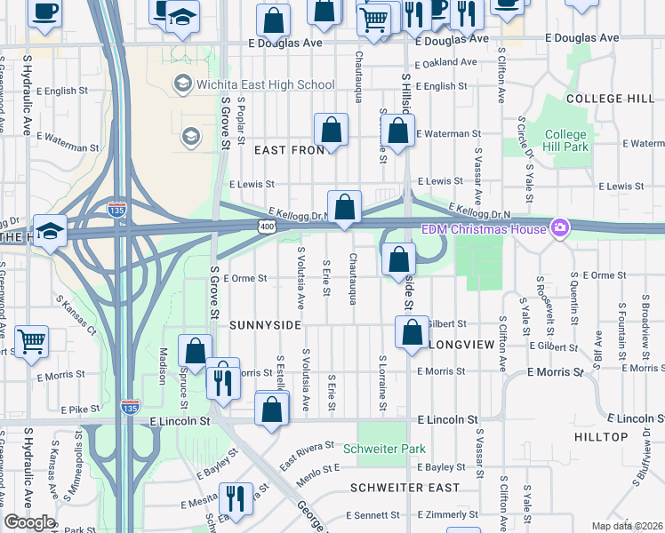 map of restaurants, bars, coffee shops, grocery stores, and more near 605 Chautauqua in Wichita
