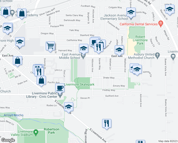 map of restaurants, bars, coffee shops, grocery stores, and more near 1168 Hillcrest Court in Livermore