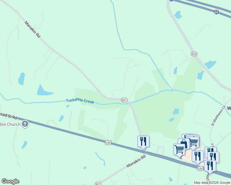 map of restaurants, bars, coffee shops, grocery stores, and more near 2051 Manakin Road in Manakin-Sabot